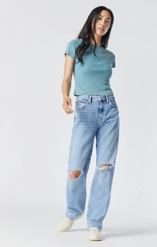 BARCELONA WIDE LEG JEANS IN LIGHT RIPPED ORGANIC BLUE Fashionable White Denim Jeans