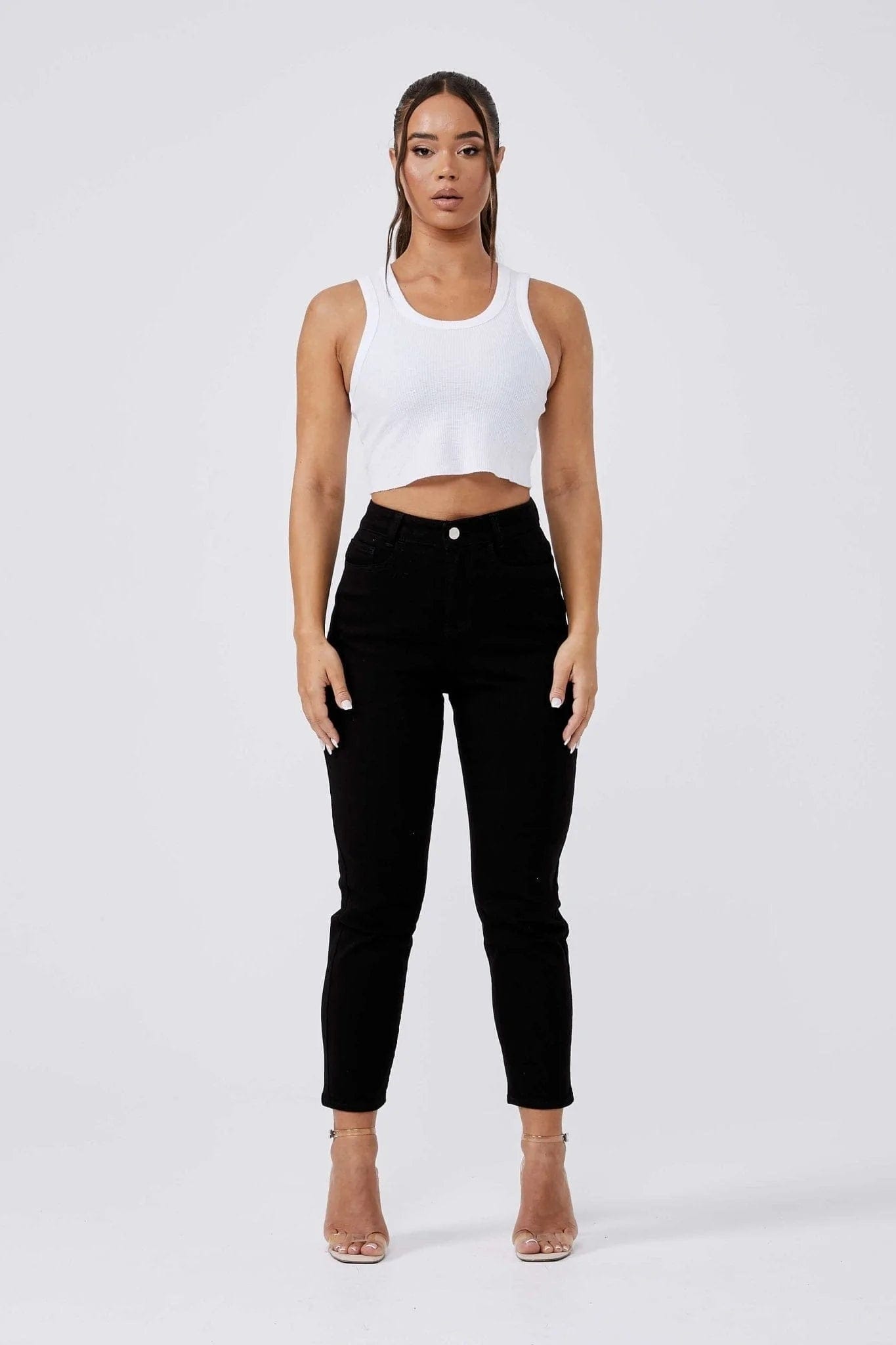 MOM JEANS - BLACK Fashionable Raw Hemmed Jeans