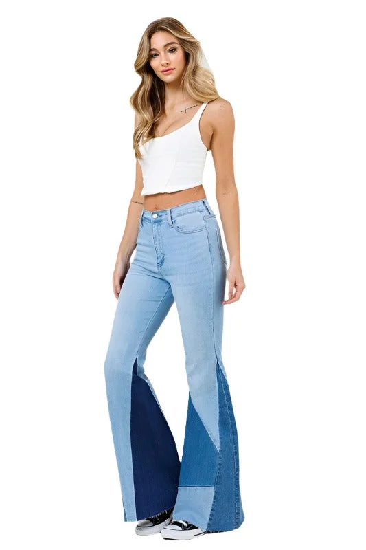 Color Block Side Slit Flare Jeans Fashionable Vintage Wash Jeans