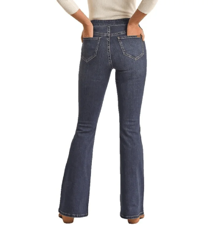 Rock & Roll Cowgirl Women's Button High Rise Flare Jeans BW6PD02241 Stylish Shredded Denim Jeans