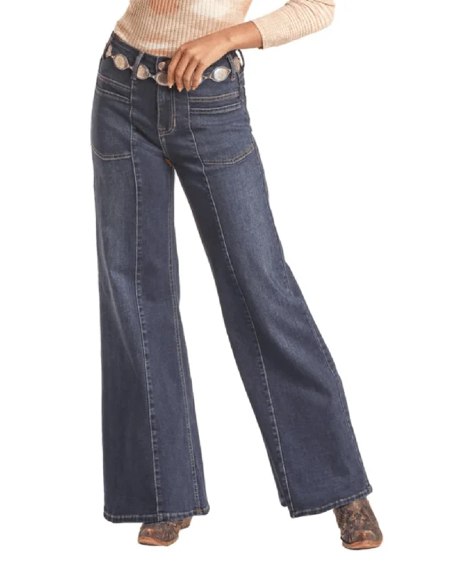 Rock & Roll Cowgirl Women's Patch Pocket Palazzo Jeans BW8HD02603 Casual Wide-Legged Denim Jeans