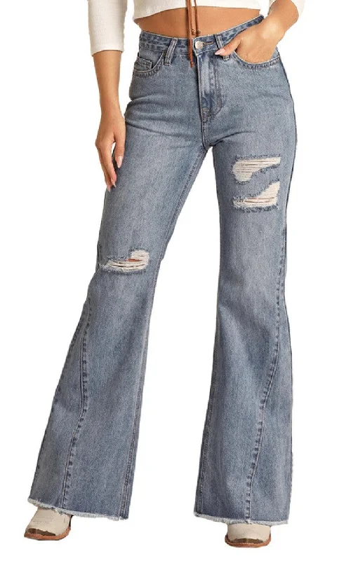 Rock & Roll Cowgirl Women's High Rise Palazzo Flare Jeans RRWD8HR0SH Comfortable Mid-Rise Jeans