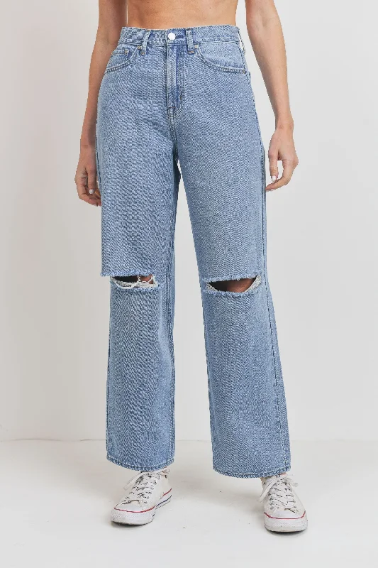 CINCHED WAIST WIDE LEG JEANS WITH KNEE SLITS Elegant Raw Hem Jeans