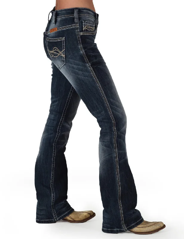 Cowgirl Tuff Ladies Dark Faded DFMI Jeans - Medium Wash Trendy Paperbag Waist Jeans