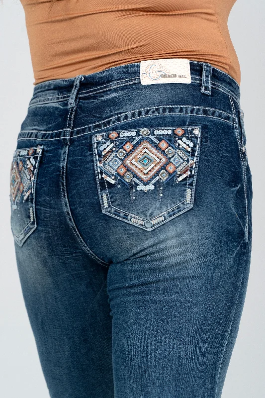 Aztec Colorful Embellished Women's Plus Size Bootcut Jeans Fashionable Raw Hem Bootcut Jeans