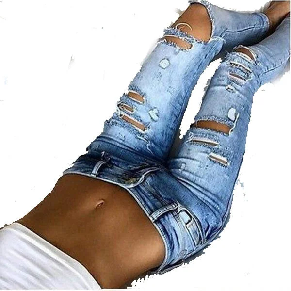 Destroyed Ripped Slim Denim Jeans Comfortable Jogger Style Jeans