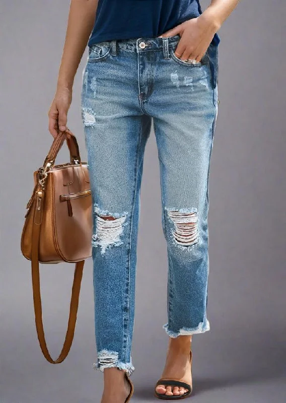 Distressed Raw Hem Jeans with Pockets Comfortable Stretch Fit Jeans