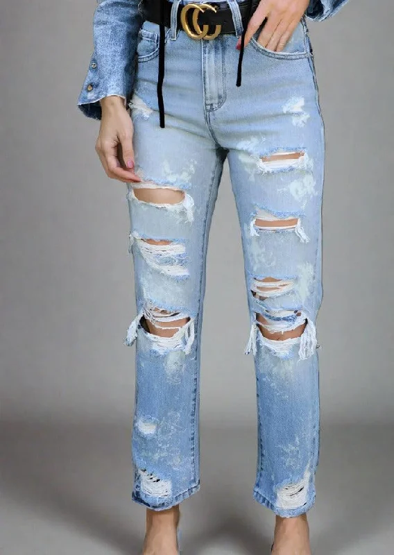 Distressed Straight Jeans with Pockets Elegant Skinny Leg Jeans