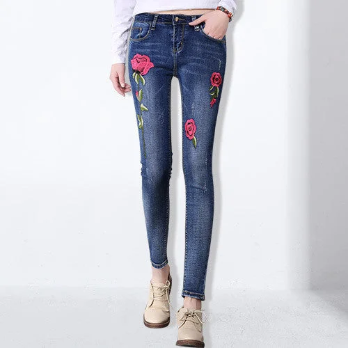 Elastic Flower Jeans Female Pencil Denim Pants Rose Pattern Cozy Stretch High-Waist Jeans