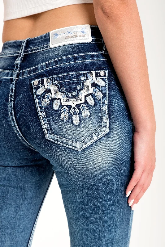 Feather Necklace Embellished Women's Bootcut Jeans Comfortable Jogger Style Jeans