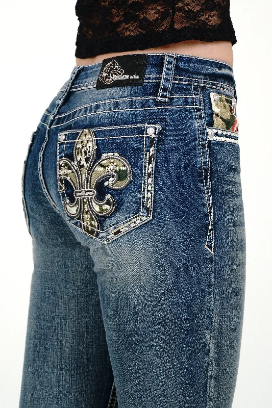 Flu De Lee Camo Embellished Mid Rise  Bootcut Jeans Trendy Button-Up High-Waist Jeans