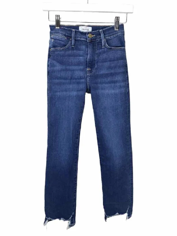 Frame Women's Le High Straight Distress Hem Jeans Dk Indigo Size 25 (0) Classic Blue Denim Jeans