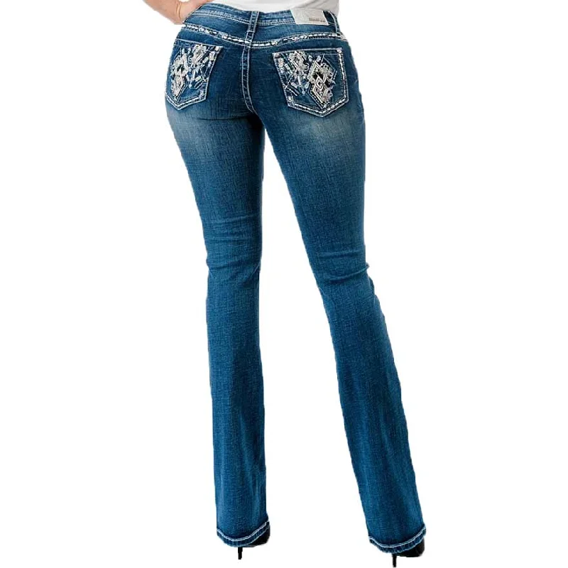 Grace in LA Women's Diamond Pocket Bootcut Jeans Stylish Stone-Wash Denim Jeans