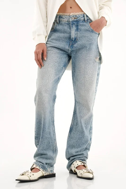 High-Waisted Straight Leg Jeans with Lace in the Waistband for Women Comfortable Faded High-Rise Jeans