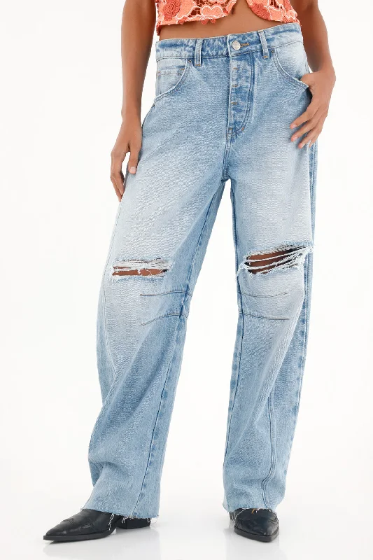 Mid-rise Horseshoe Jeans with Rips and Distressing for Women Fashionable Frayed Hem Denim