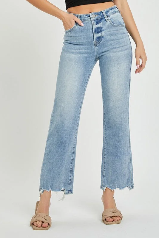 Jordana High Rise Raw Hem Straight Leg Jeans Light Wash Cozy Wide-Legged Jeans