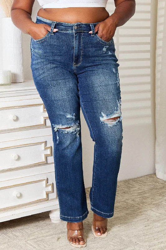 Judy Blue Full Size Mid Rise Hand Sand & Destroy Bootcut Jeans Fashionable Raw Hem Bootcut Jeans