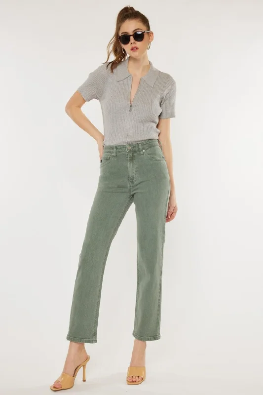 Kancan Ultra High Rise Straight Jeans In Olive Fashionable Distressed Jeans