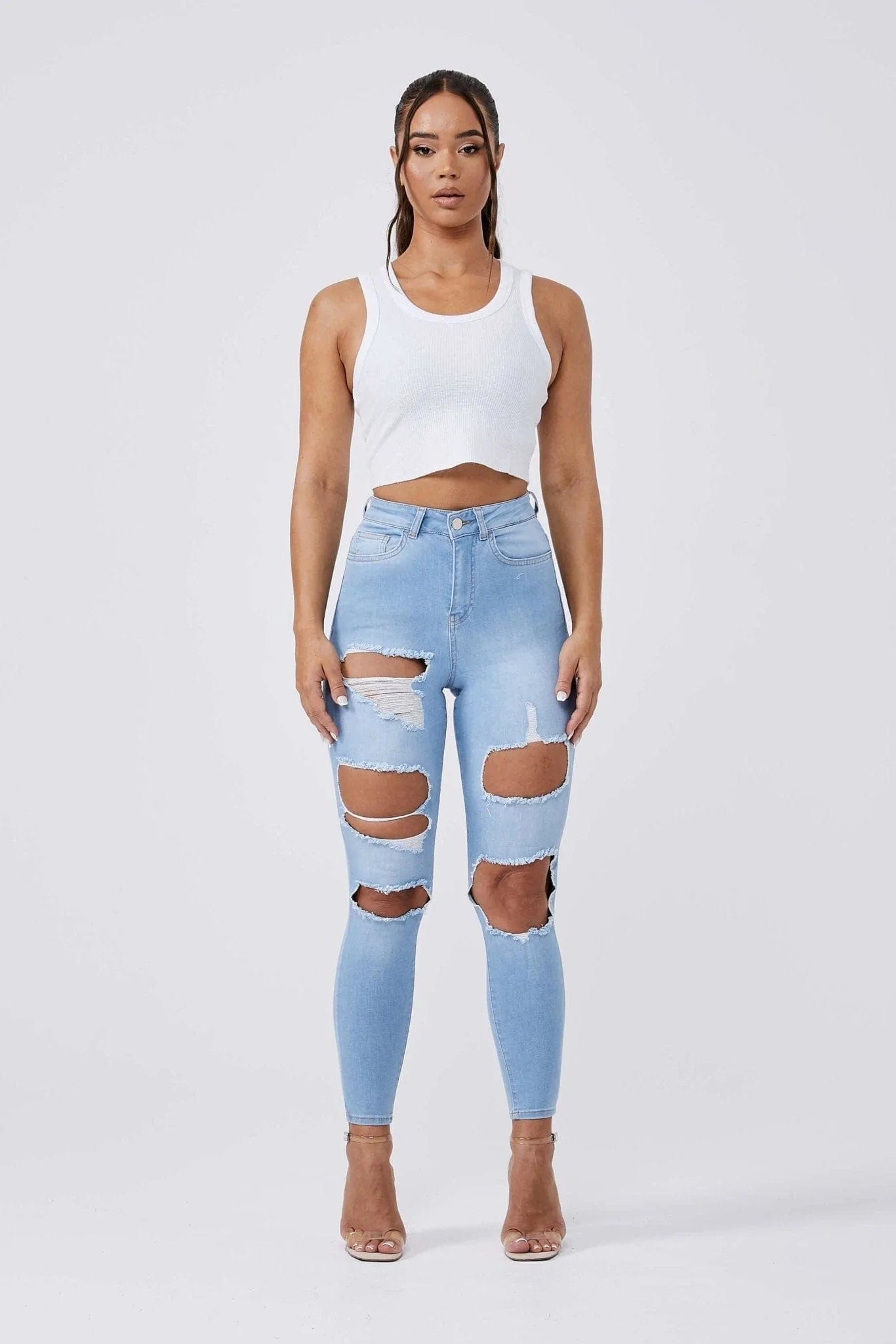 SKINNY JEANS MULTI RIPPED - LIGHT BLUE Chic Dark-Wash Skinny Jeans