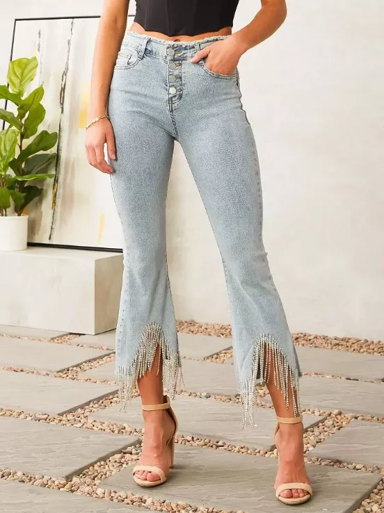 Lizzy Rhinestone Fringe Hem Jeans Trendy Skinny Fit Jeans