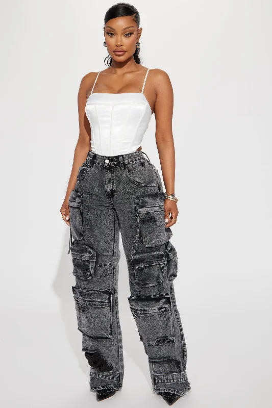 Millie Non Stretch Ripped Cargo Jeans - Acid Wash Black Casual Straight-Leg Jeans