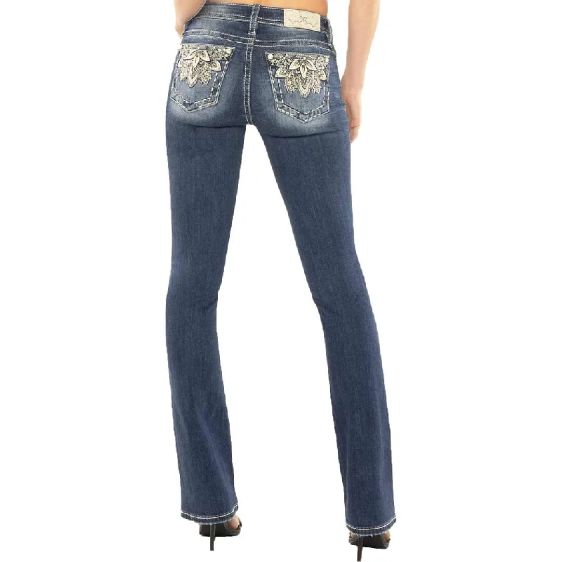 Miss Me Women's Metallic Floral Bootcut Jeans Fashionable Raw Hemmed Jeans