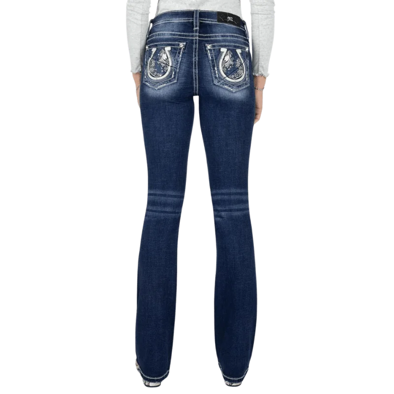 Miss Me Women's Floral Swirl Horseshoe Mid Rise Bootcut Jeans M9183BV Trendy Classic Fit Jeans