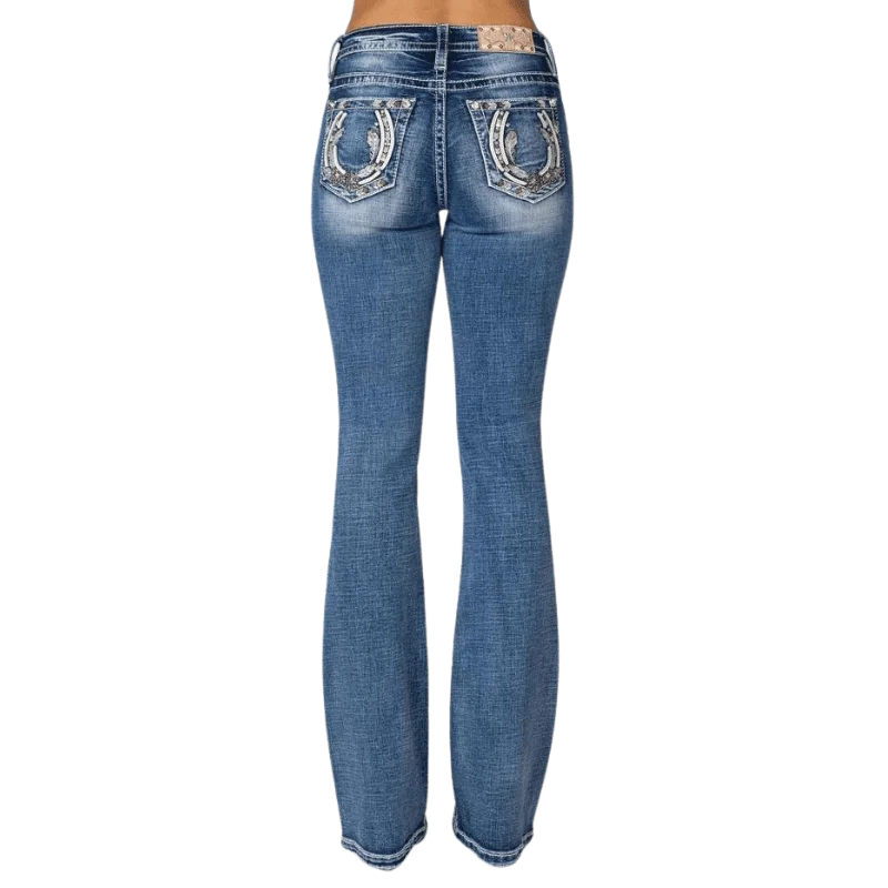 Miss Me Women's Tribal Horseshoe Mid Rise Bootcut Jeans M9198B Comfortable Straight-Legged Denim