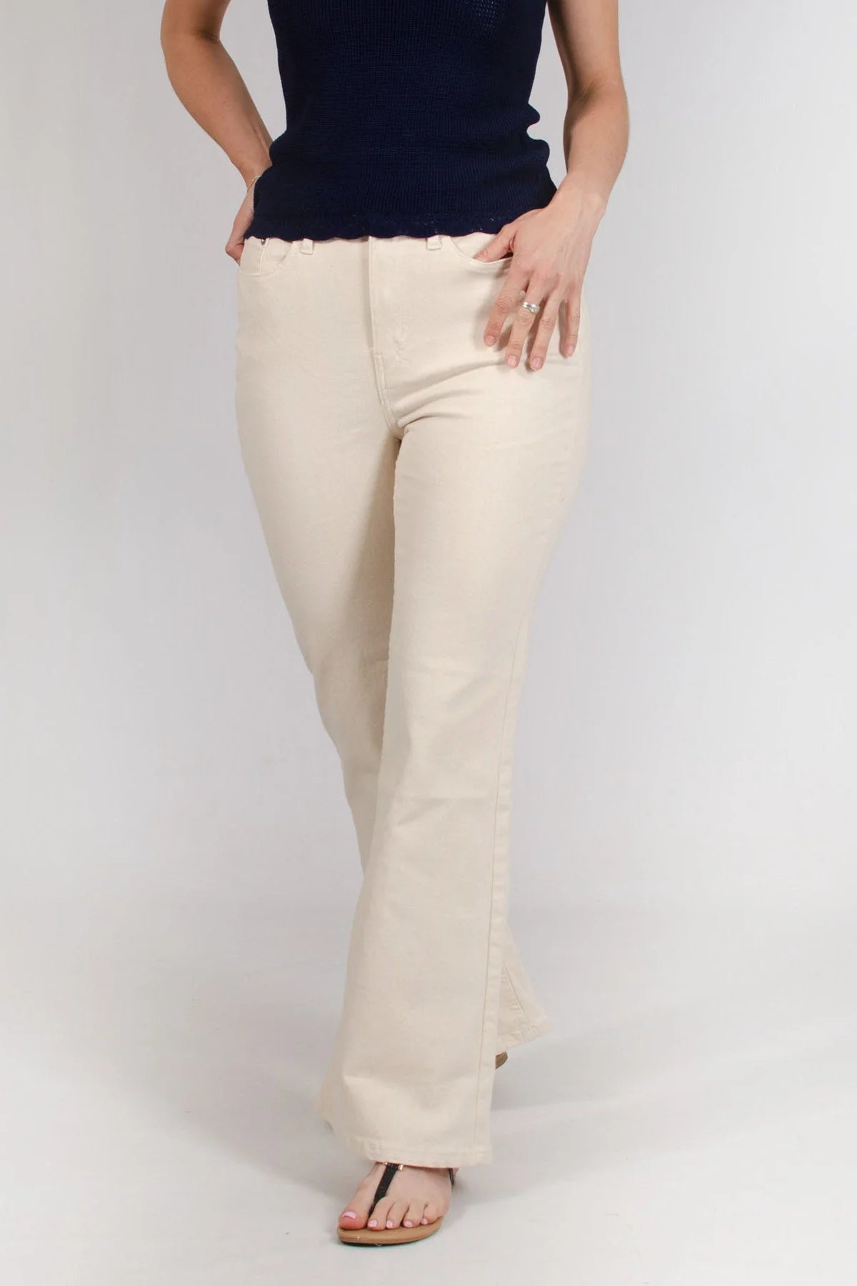 Natural Cream Flared Jeans Trendy Layered Pocket Jeans