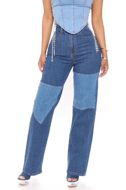 Patching Things Up Straight Leg Jeans - Medium Blue Wash Fashionable Button-Front Jeans