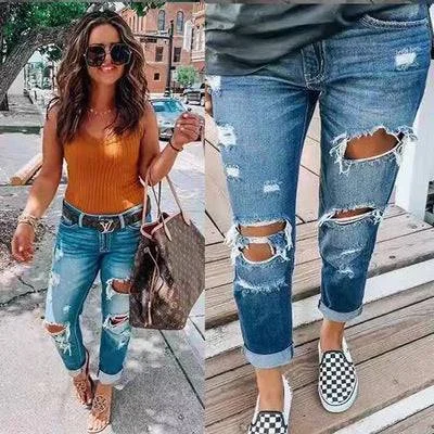 Ripped jeans personality women Classic Blue Denim Jeans