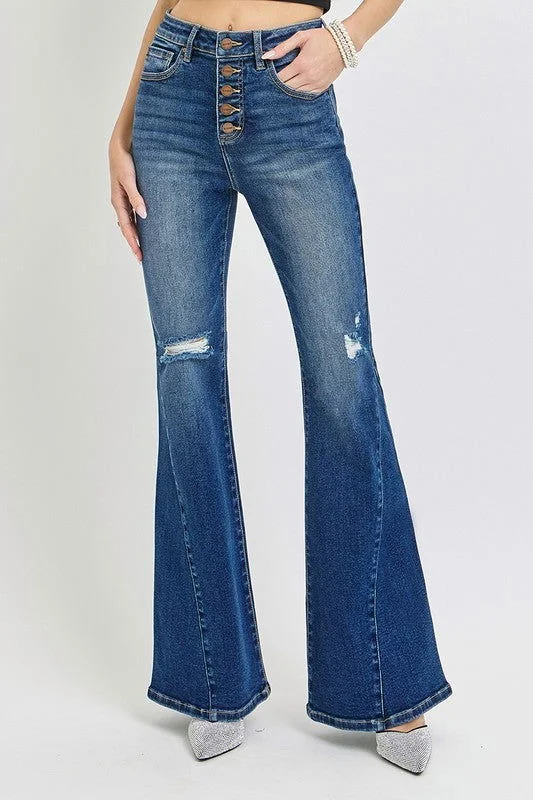 RISEN Distressed Button-Fly Flare Jeans Casual Bootcut Ripped Jeans