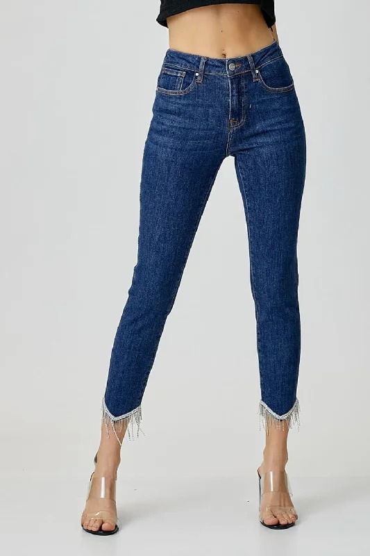 RISEN Full Size Embellished Mid Rise Crop Skinny Jeans Classic Button Fly Jeans