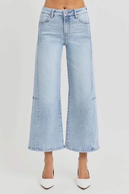 RISEN High Rise Seamed Detail Wide Leg Crop Jeans Trendy Pleated Waist Jeans