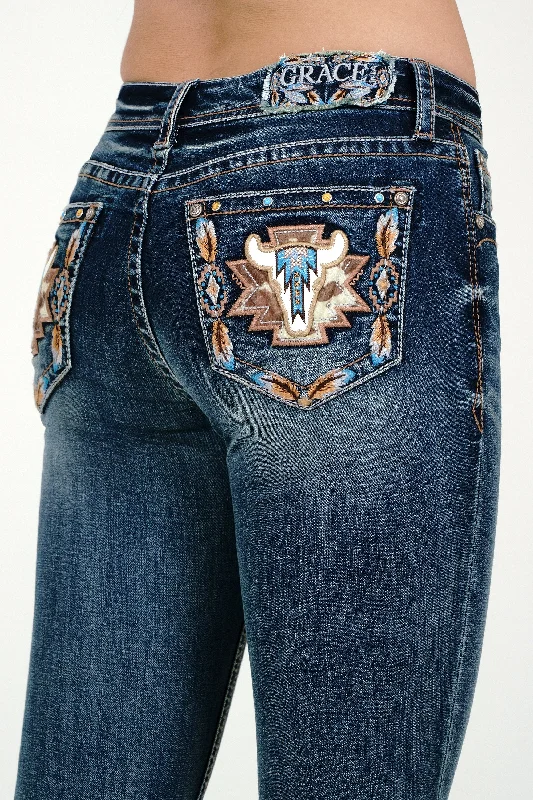 Steer Head Embellished Mid Rise  Bootcut Jeans Chic Rip-Detail High-Waist Jeans