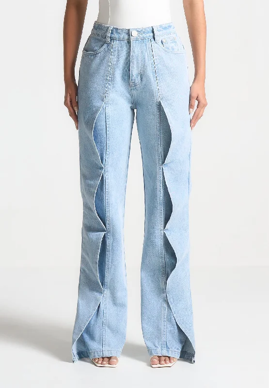 Wave Detail Boyfriend Jeans - Light Blue Trendy Button-Up High-Waist Jeans