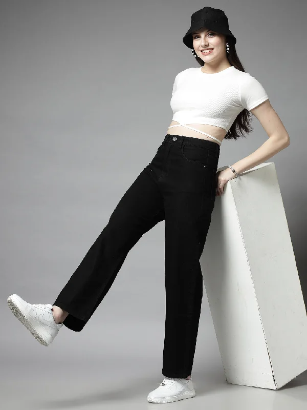 Wide Leg Black Cotton Denim Jeans For Women Fashionable Distressed Jeans