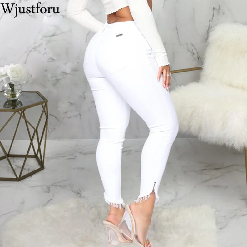 Wjustforu White Elegant Hole Jeans Pants Women Bodycon Casual Denim Pencil Pants Female Summer Fashion Tight Jeans Trousers Chic Vintage-Inspired Denim Jeans