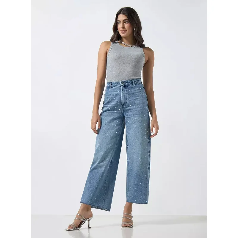 Blue Embellished Wide Leg Jeans Trendy Flared Leg Jeans