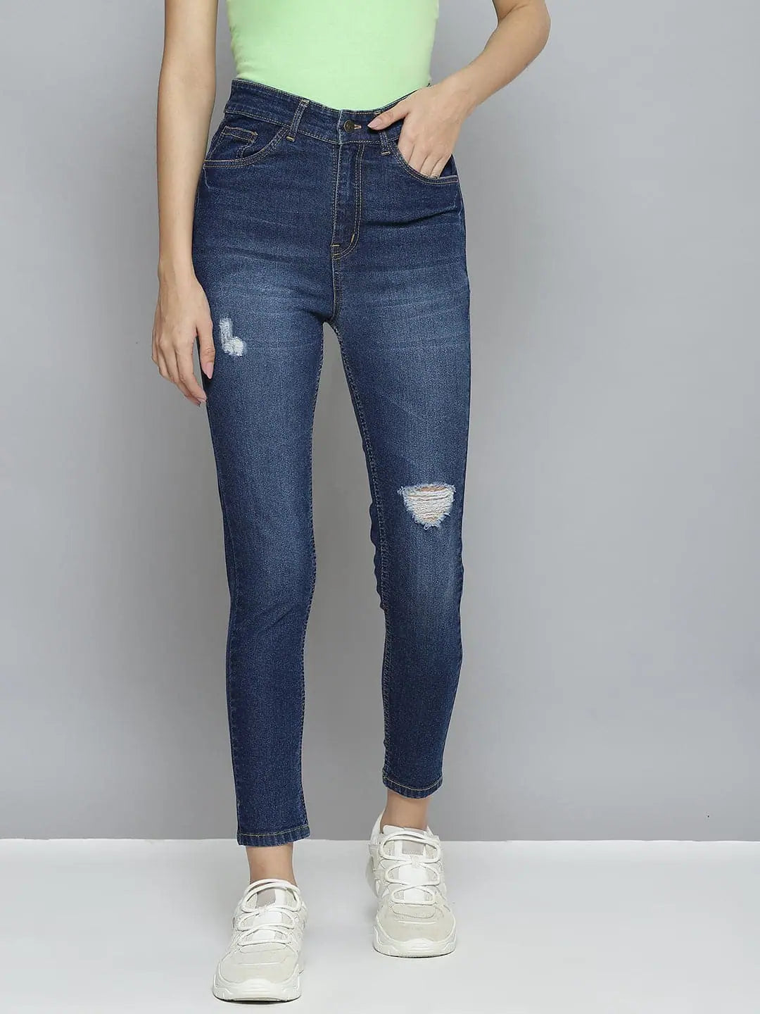 Women Blue Distressed Slit Jeans Trendy Low-Rise Bootcut Jeans