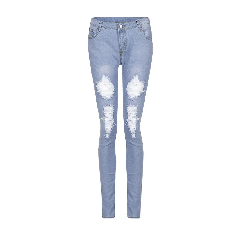 Women Skinny Ripped Holes Jeans Pants High Waist Stretch Slim Pencil Trousers Stylish High-Rise Mom Jeans