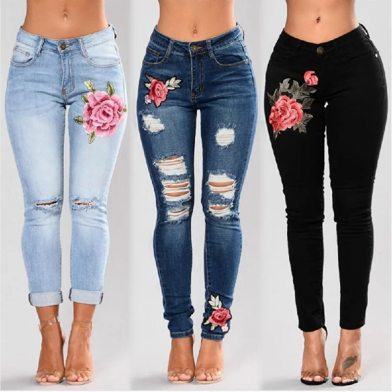 Women Stretch High Waist Skinny Embroidery Jeans Without Ripped Woman Floral Holes Denim Pants Trousers Women Jeans Pencil Pants Casual Bootcut Ripped Jeans