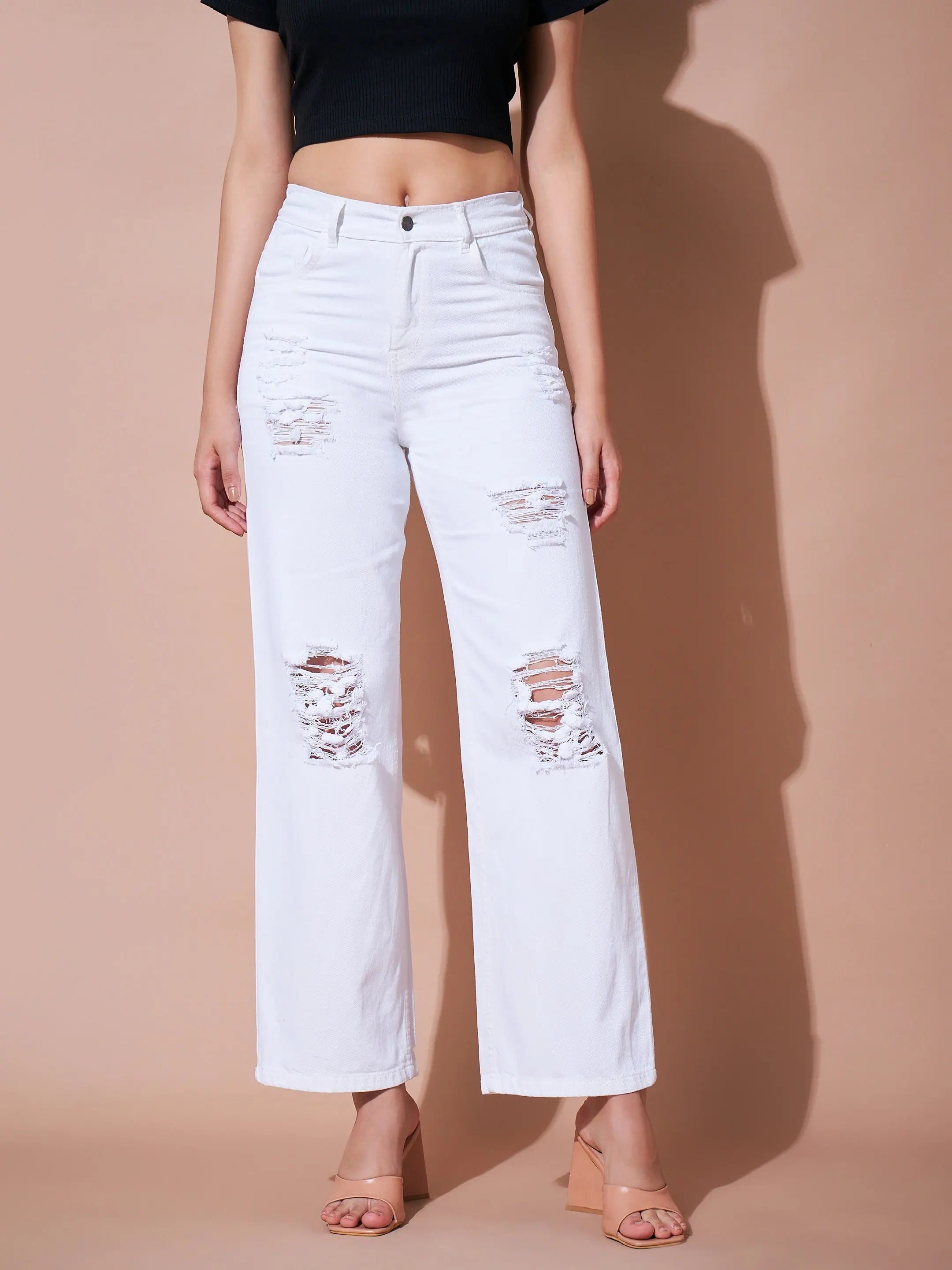 Women White Heavy Distress Straight Jeans Elegant Wide-Leg Jeans