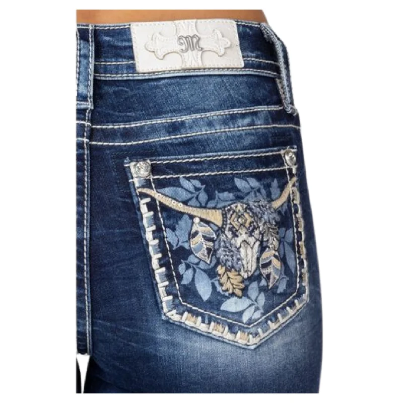 Women's Cow Skull Jeans By Miss Me M9209B Elegant Tapered Leg Denim