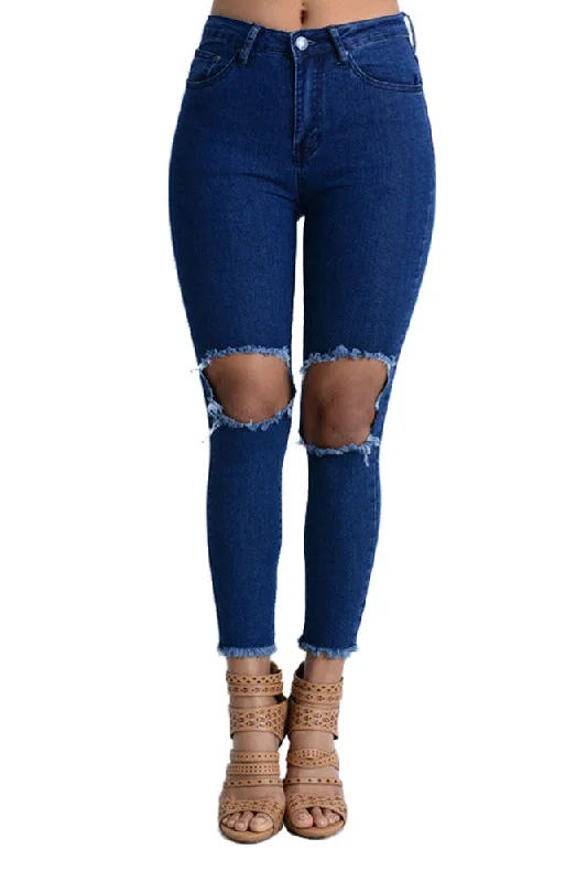 Women's Torn and Frayed Skinny Fit Jeans Fashionable Cropped Denim Jeans